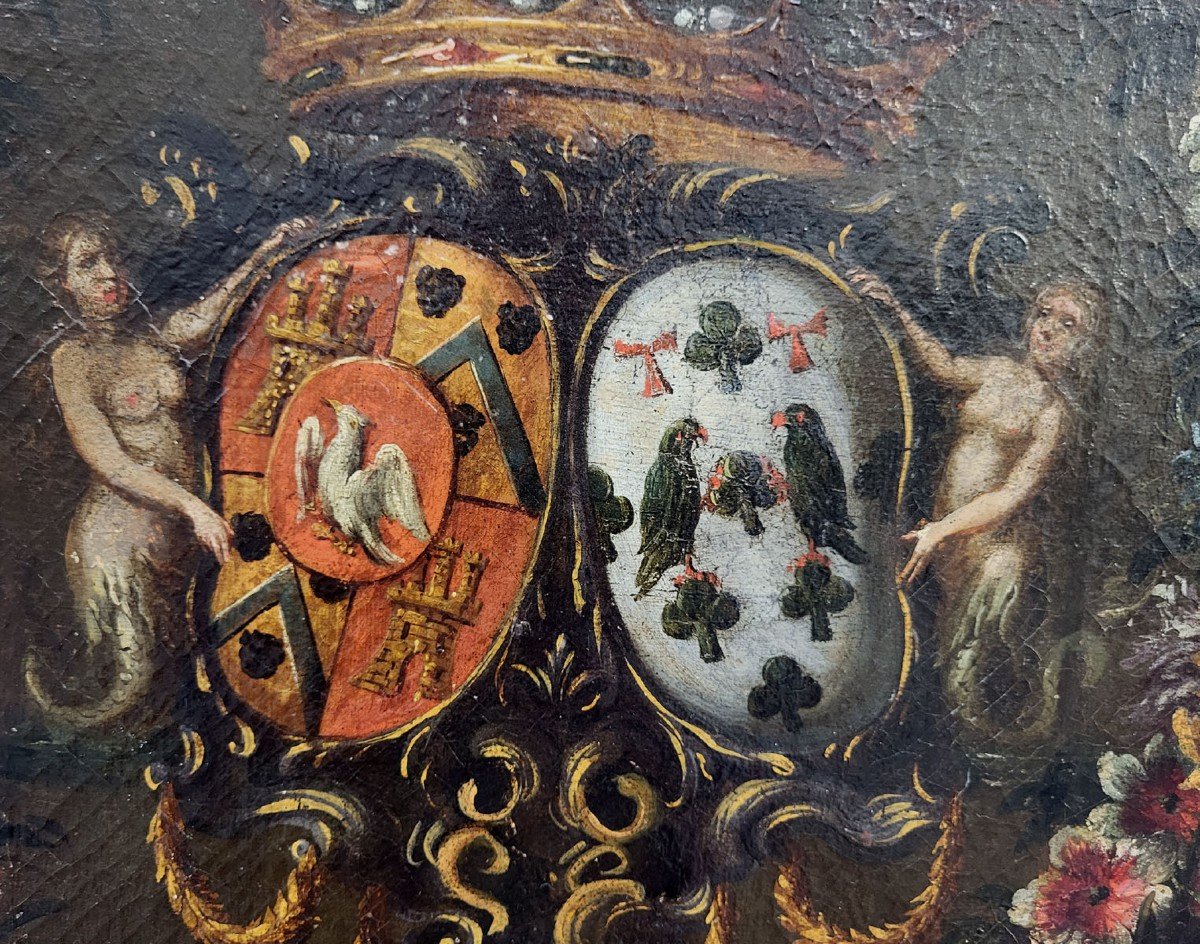 Huile Sur Toile, Blason Avec Couronne De Fleurs Du 17e Siècle-photo-1