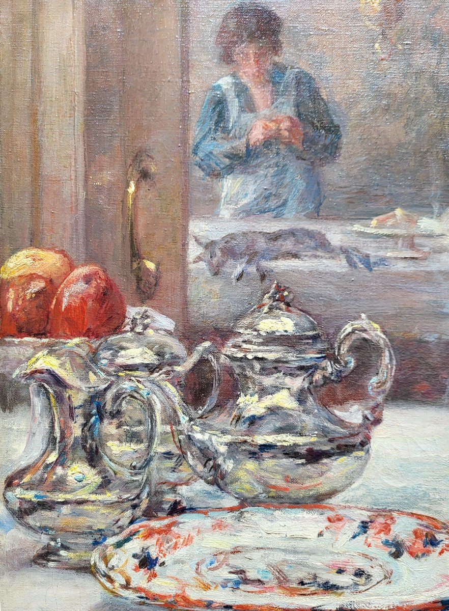 An Oil On Canvas, Interior With A Cat By Léon Houbaer-photo-4