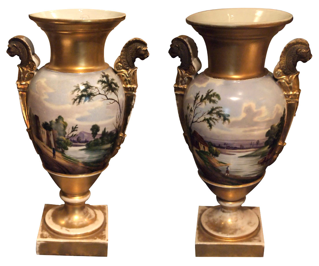 Vases En Porcelaine Peinte Et Dorée, Début 19e Siècle