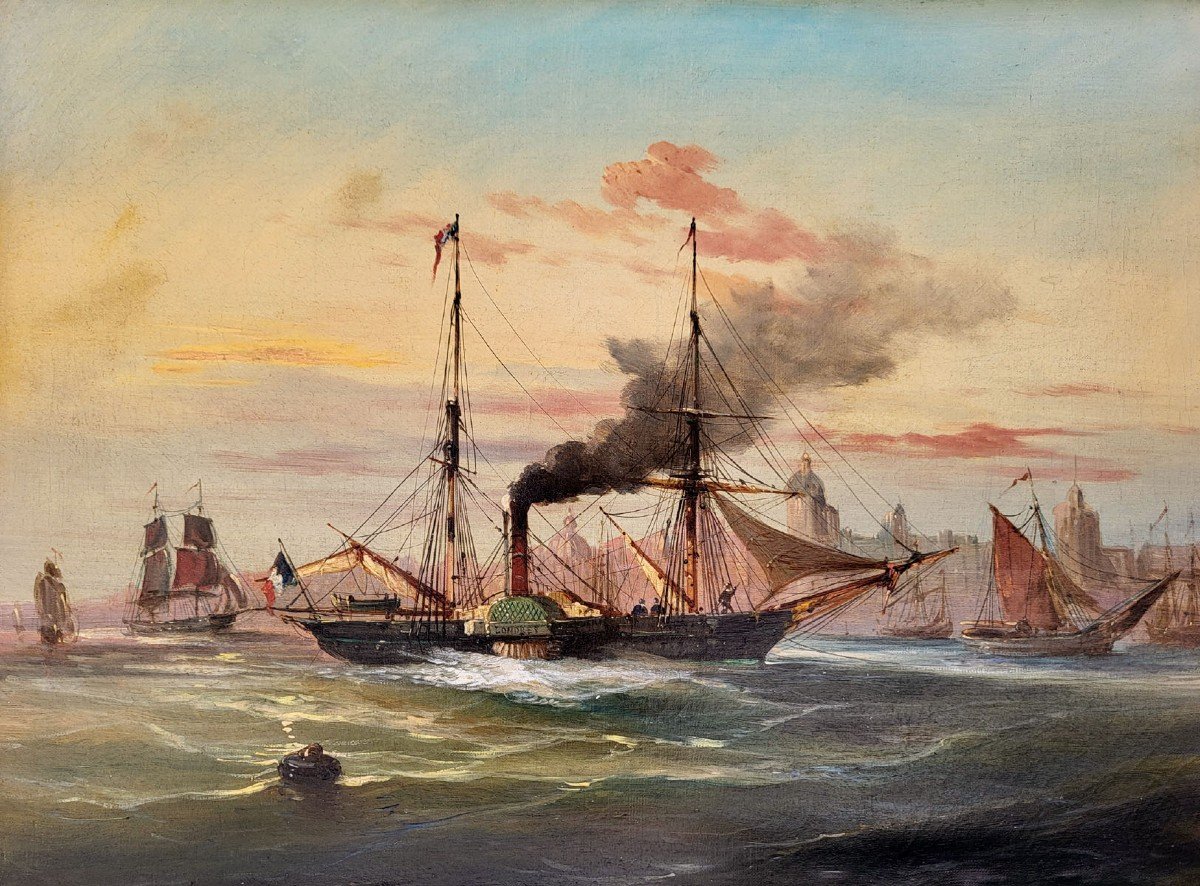 Huile Sur Toile, Marine, Bateaux Au Port, Déut 19ème -photo-2