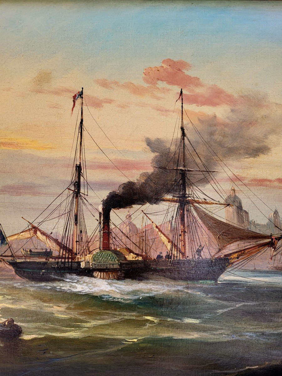 Huile Sur Toile, Marine, Bateaux Au Port, Déut 19ème -photo-3