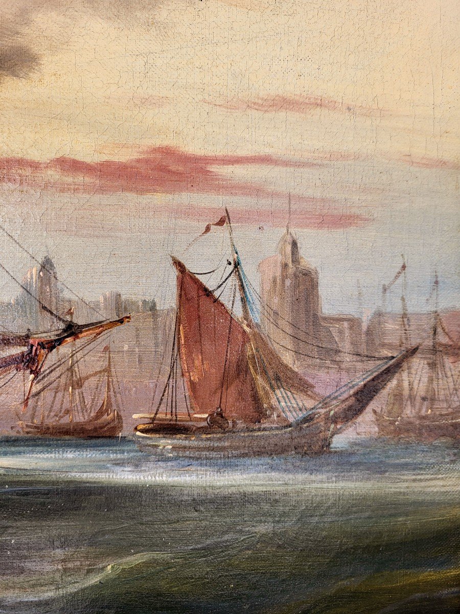 Huile Sur Toile, Marine, Bateaux Au Port, Déut 19ème -photo-1