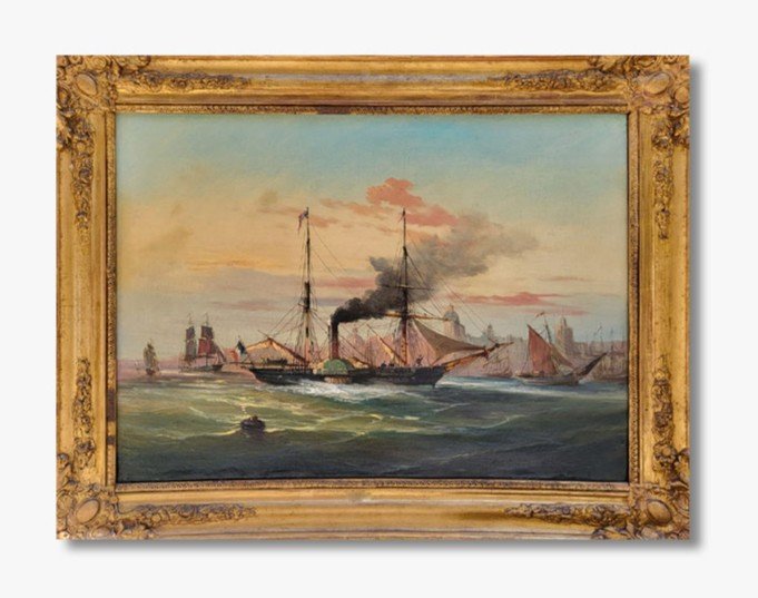 Huile Sur Toile, Marine, Bateaux Au Port, Déut 19ème 