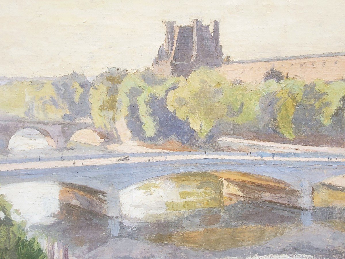 Oil On Canvas, The Louvre And The Seine By Jacques Brissaud-photo-1