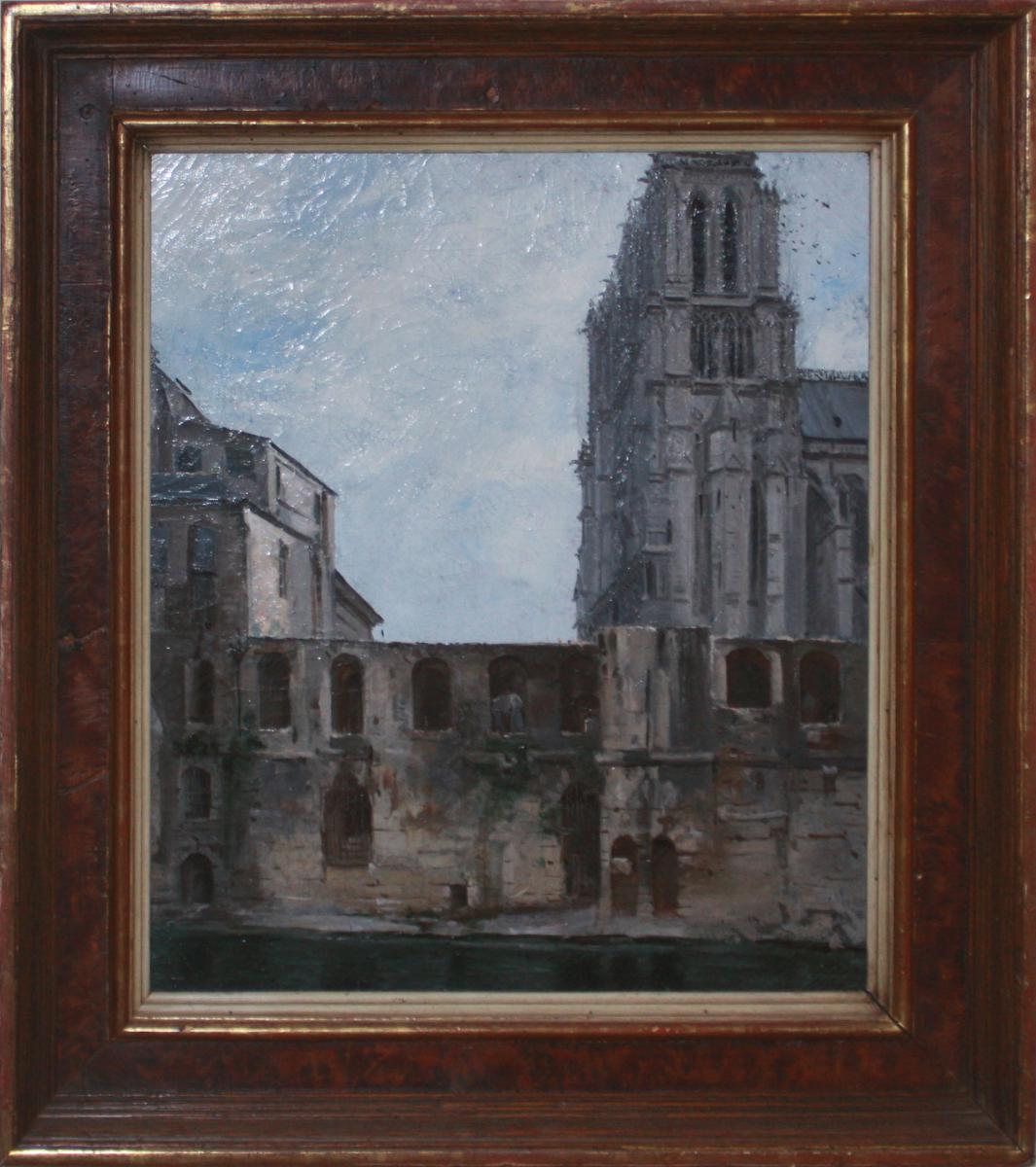 Huile sur toile, l'Hôtel Dieu à Paris, 19e Siècle