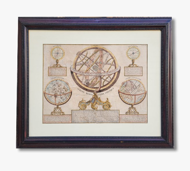 Gravure Aquarellé, Sphère Armillaire 18ème 
