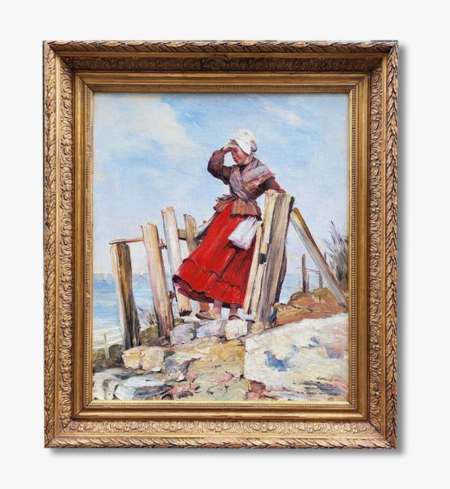 Huile Sur Toile, Bretonne En Bord De Mer Par Victor Laine 