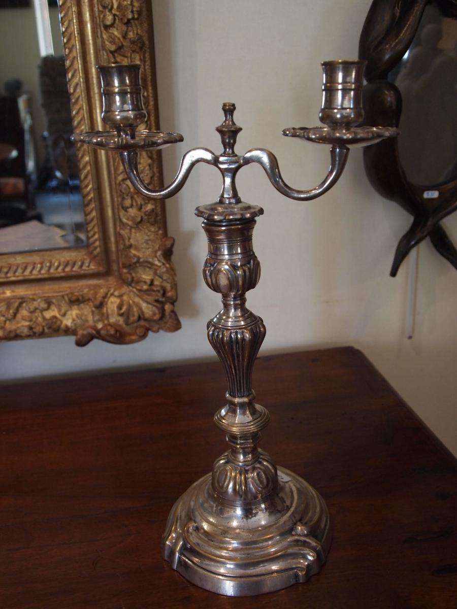 Pair Of Candlesticks With Two Branches In Plated, 18th Century-photo-2