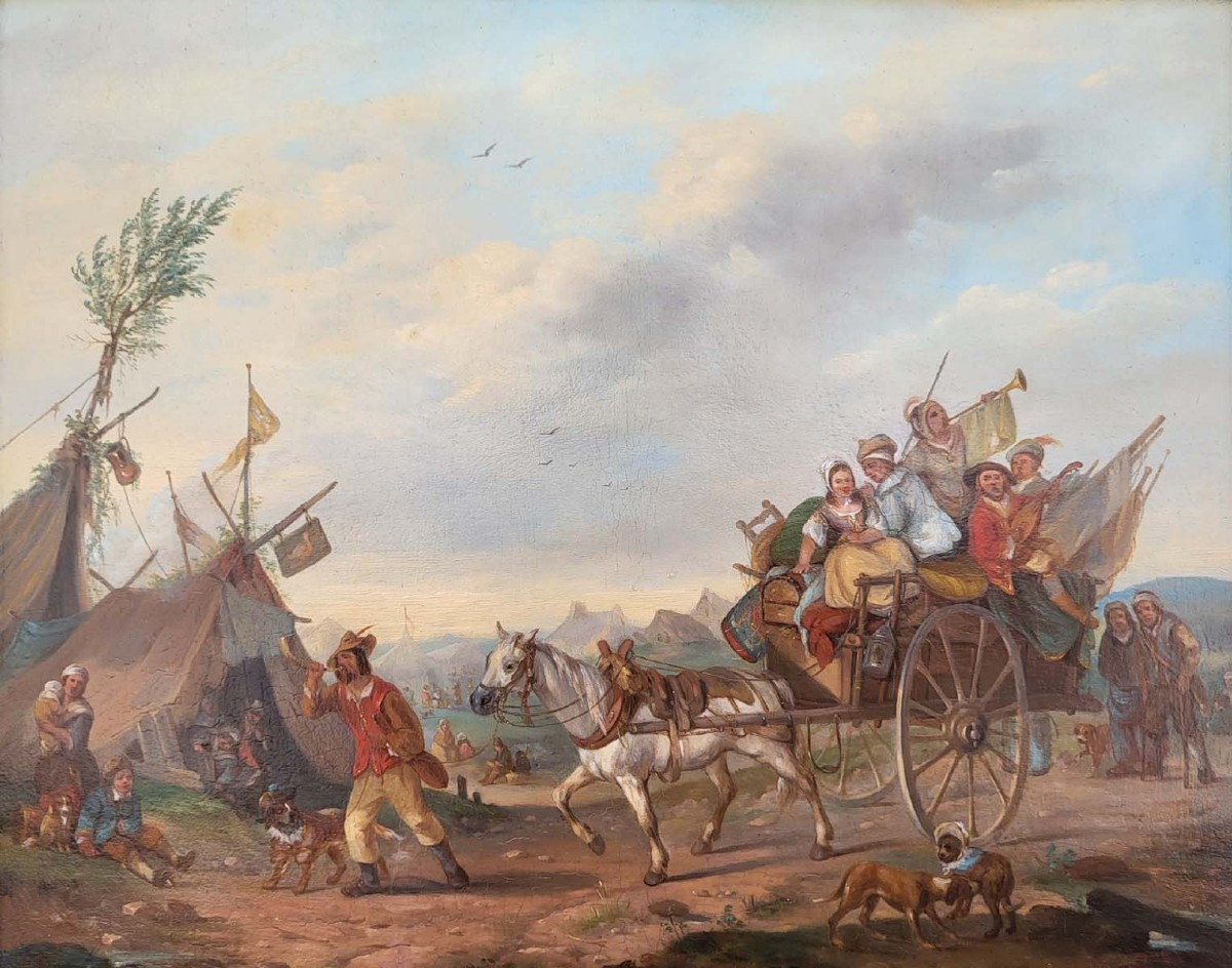 Oil On Panel, Departure For The Festival, Early 19th Century-photo-2