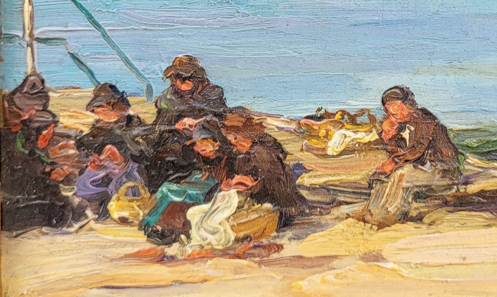 Une eptite huile sur panneau, La couture des filets de pêche, 19eme -photo-3