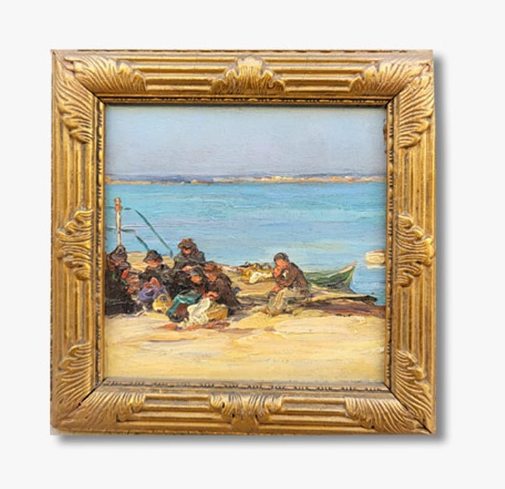 Une eptite huile sur panneau, La couture des filets de pêche, 19eme 
