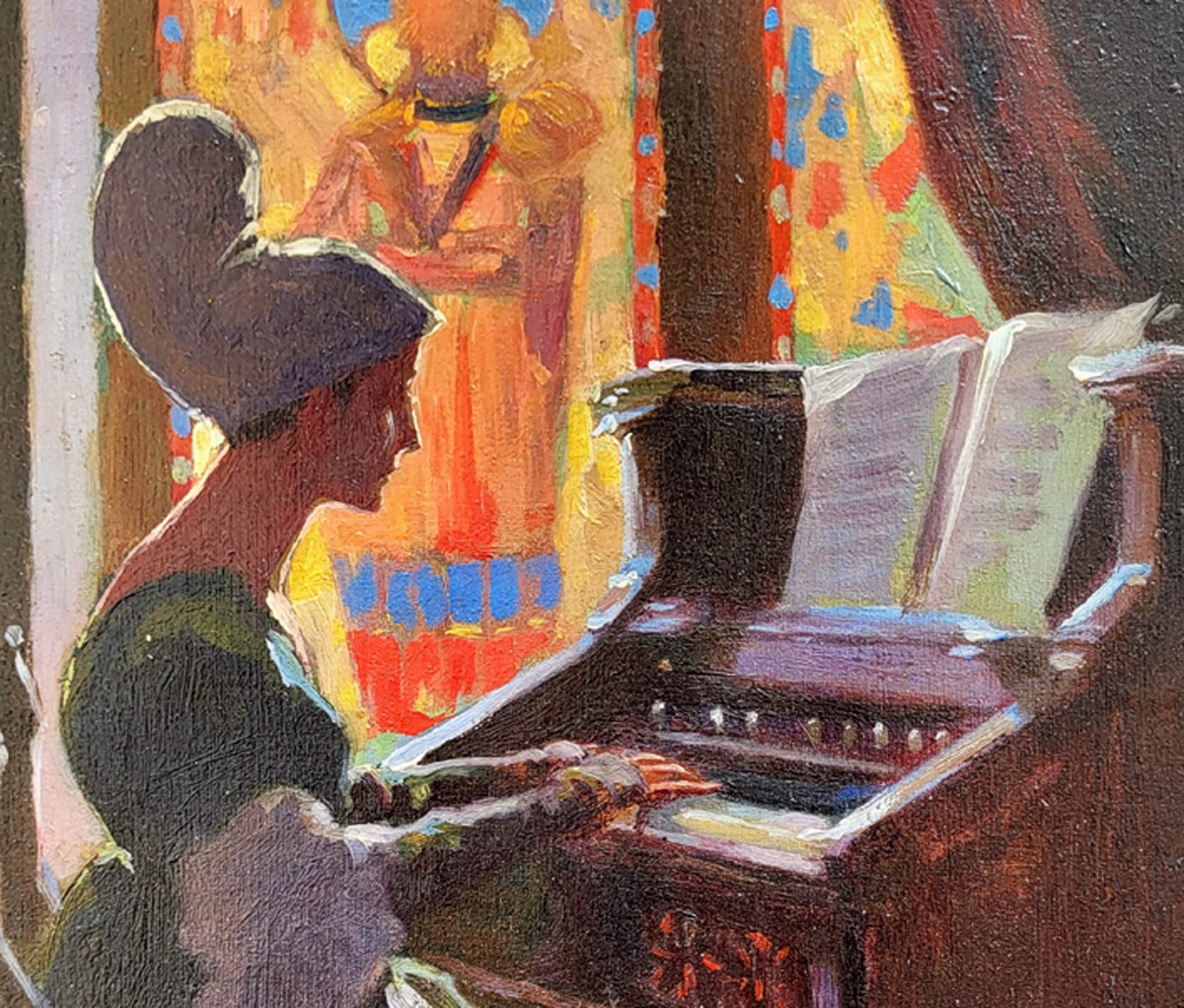 Huile sur panneau, Femme à l'orgue par Edmond LAPEYRE-photo-3
