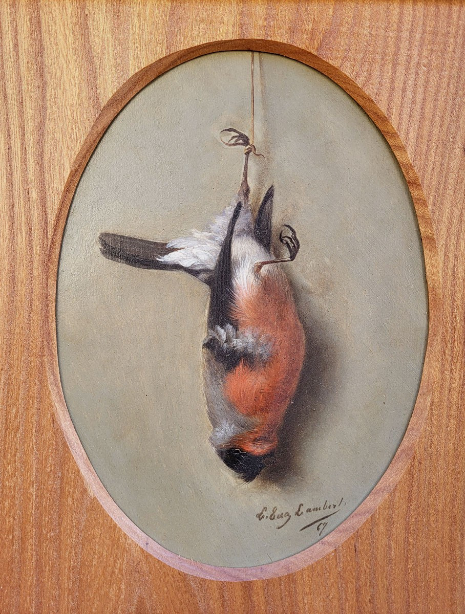 Une huile sur panneau, Nature-morte à l'oiseau par Louis Eugène Lambert-photo-2