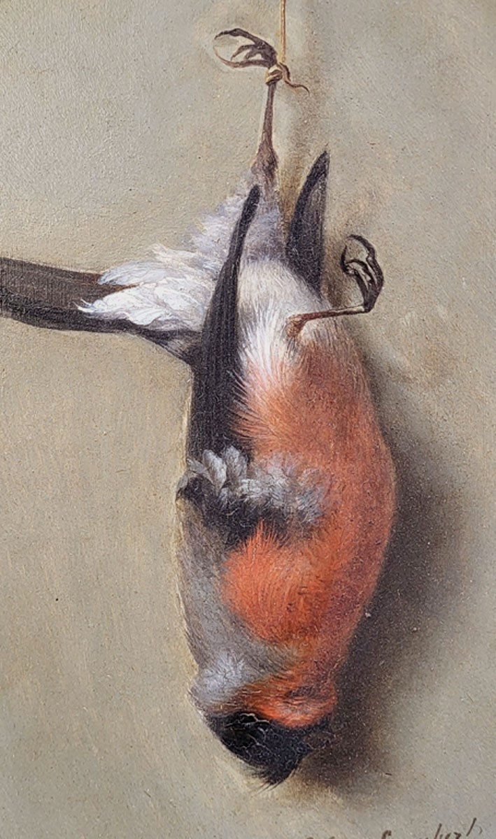 Une huile sur panneau, Nature-morte à l'oiseau par Louis Eugène Lambert-photo-3