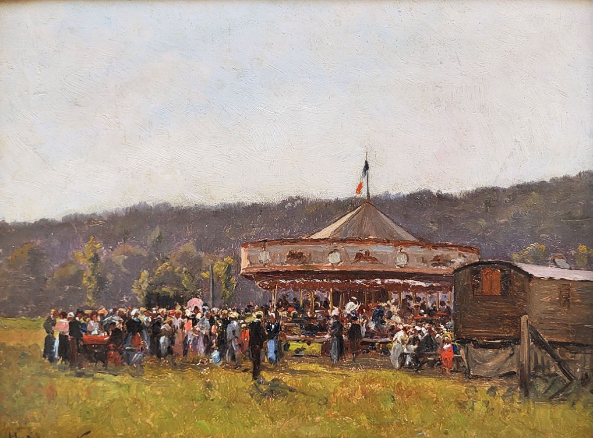 Huile sur panneau, Fête foraine, début 20ème , trace de signature -photo-2