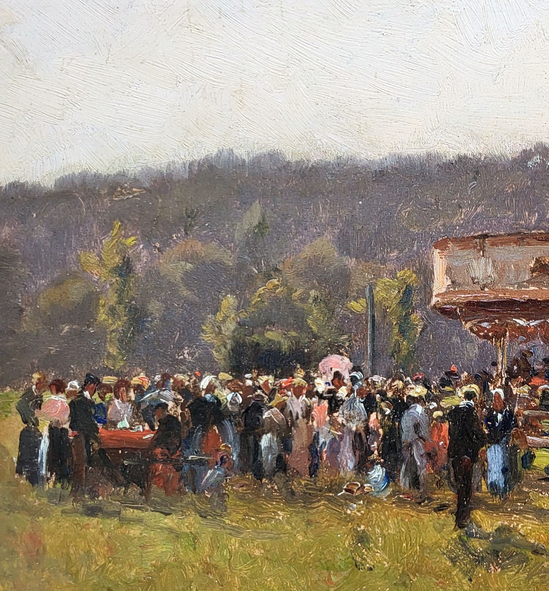 Huile sur panneau, Fête foraine, début 20ème , trace de signature -photo-4