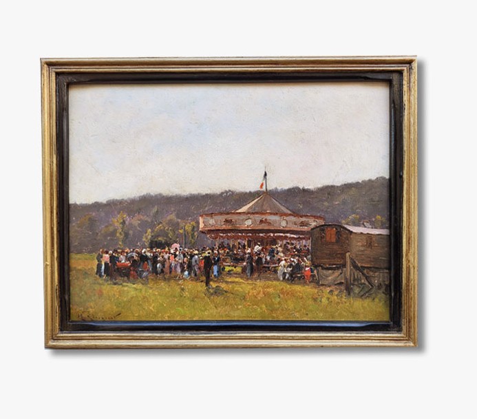 Huile sur panneau, Fête foraine, début 20ème , trace de signature 