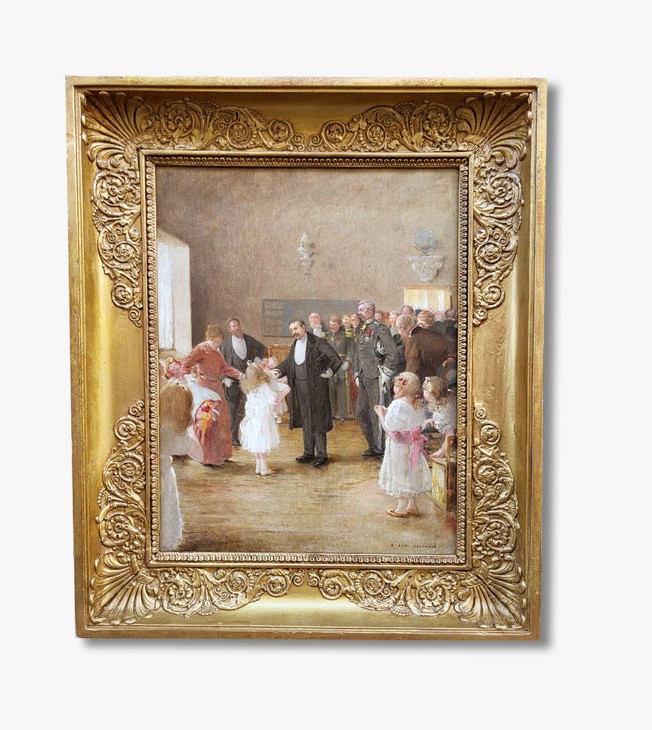 An Oil Painting On Panel, The Visit Of Minister Maurice Bertaux By Ernest Jean Delahaye
