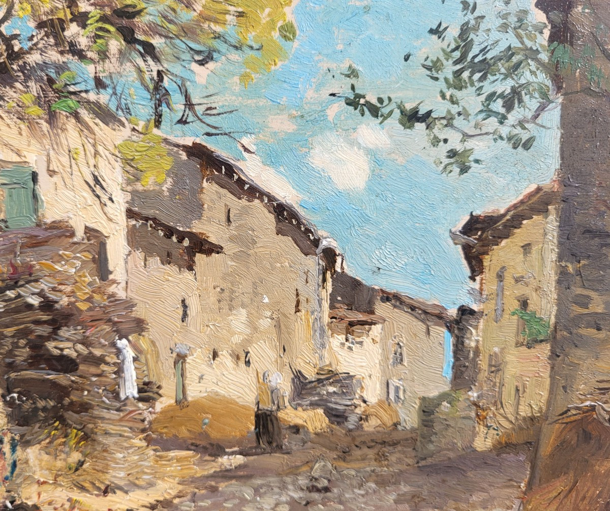 Une huile sur carton , Vue de village par Edmond PETITJEAN-photo-1