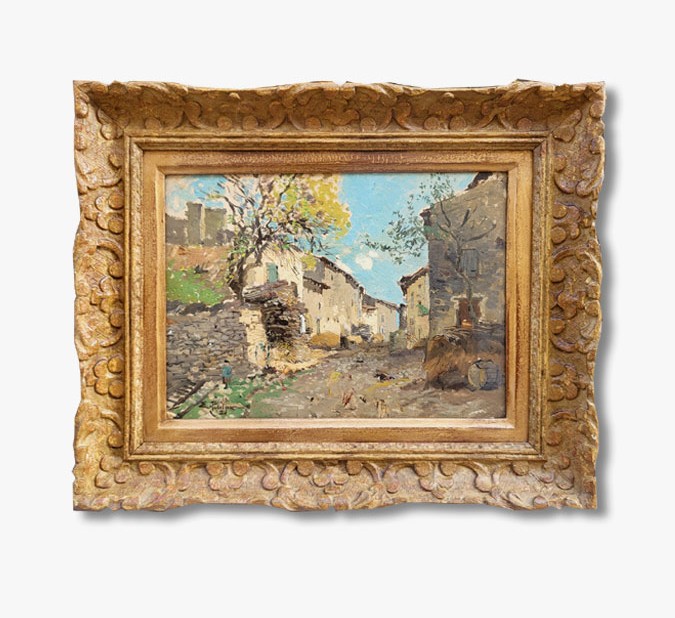 Une huile sur carton , Vue de village par Edmond PETITJEAN