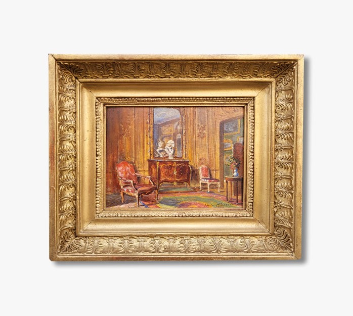 Oil On Cardboard, Interior By Emile Chaperon