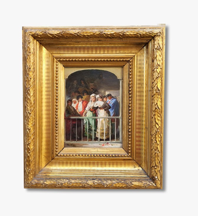 Oil On Panel, The Balcony By José Gonzalvez, 1885
