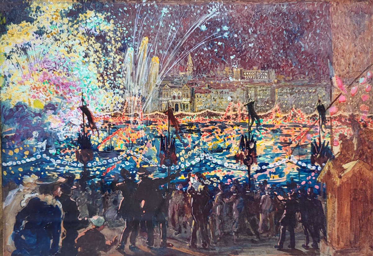 A Gouache , Fireworks In Marseille By Marius Antoine Barret-photo-2
