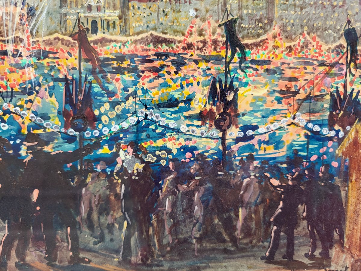 A Gouache , Fireworks In Marseille By Marius Antoine Barret-photo-3