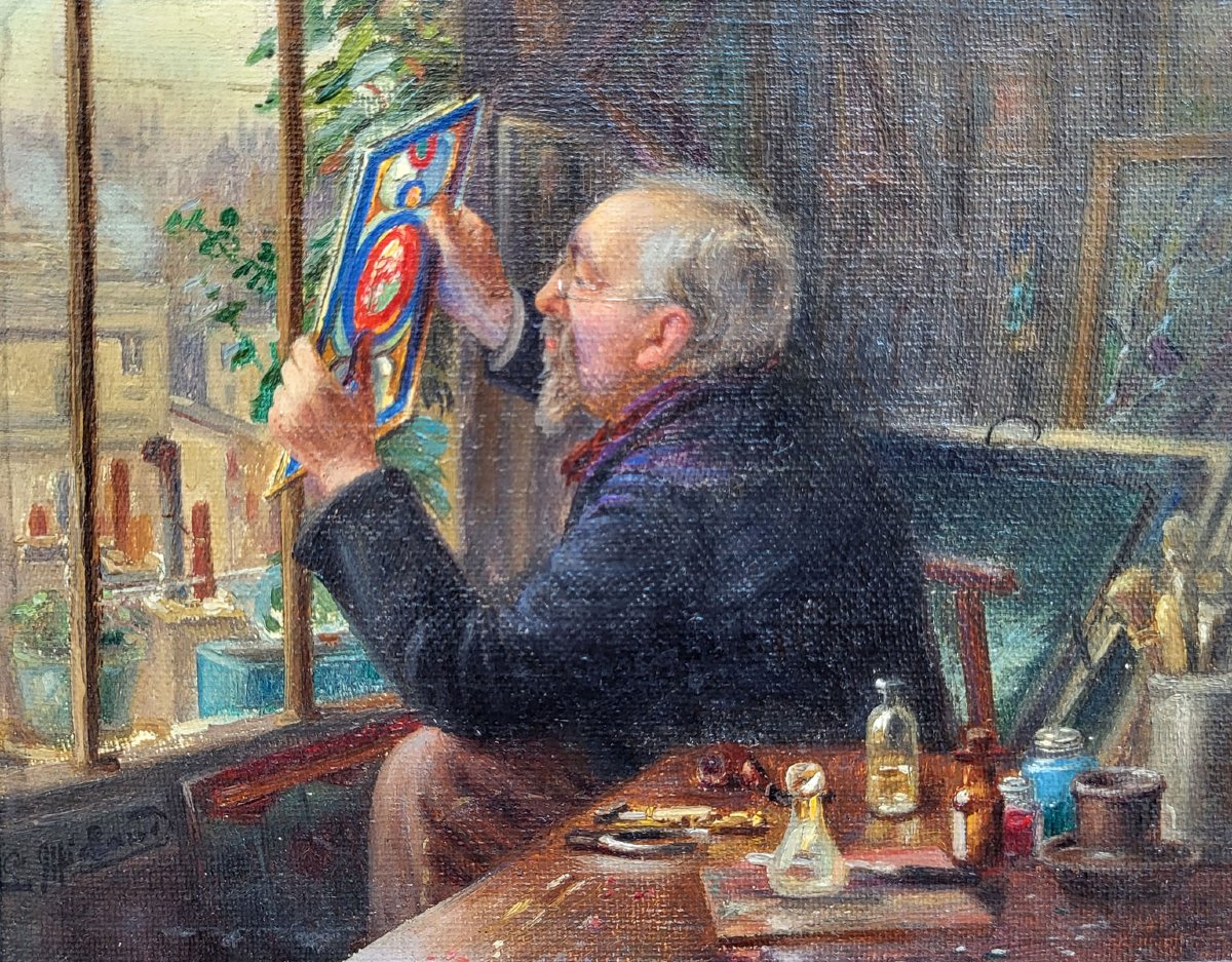 An Oil On Canvas Portrait Of Lucien Begule In His Studio By Léonie Michaud-photo-2