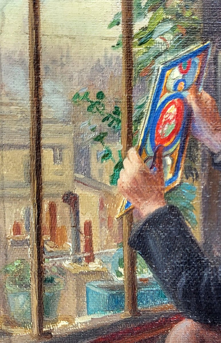 An Oil On Canvas Portrait Of Lucien Begule In His Studio By Léonie Michaud-photo-3