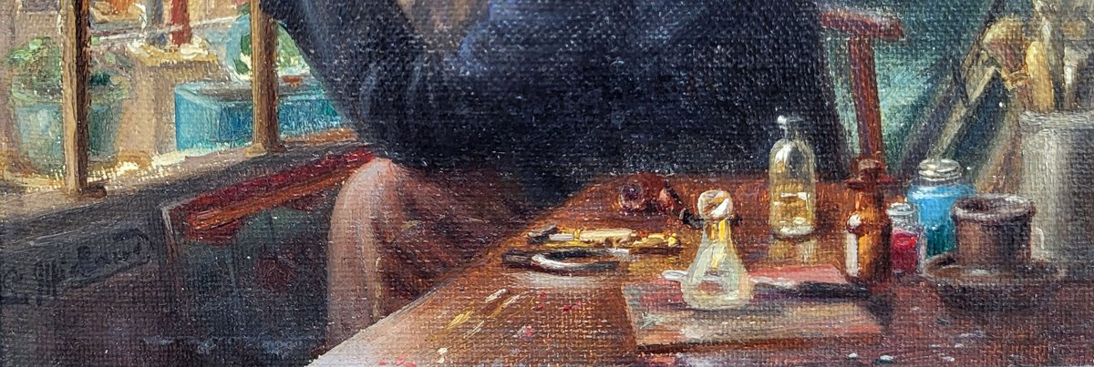 An Oil On Canvas Portrait Of Lucien Begule In His Studio By Léonie Michaud-photo-1