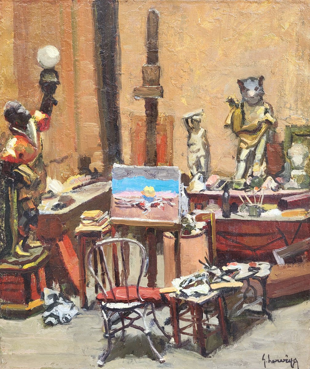 Oil On Canvas, Artist’s Studio By Gustave Hervigo-photo-2