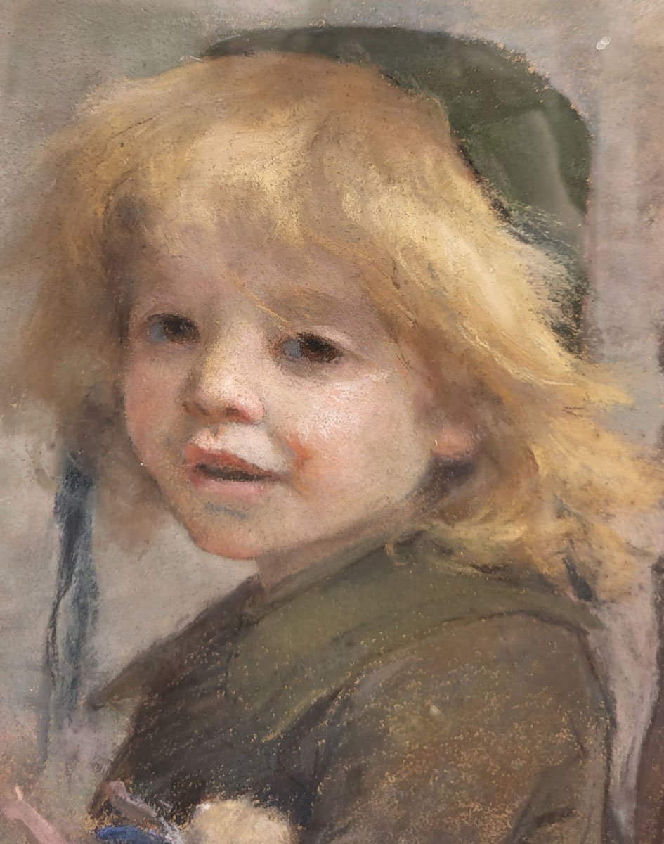 Un pastel, Petite fille à la poupée par Berthe Berthe BURGKAN-photo-3