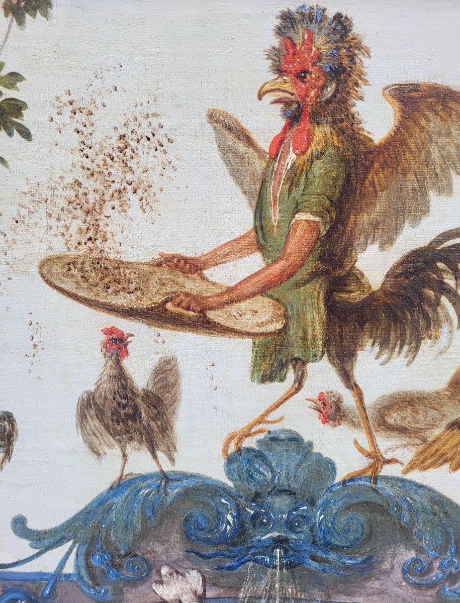 Oil On Canvas, *the Great Feeding Rooster*, 18th Century-photo-3