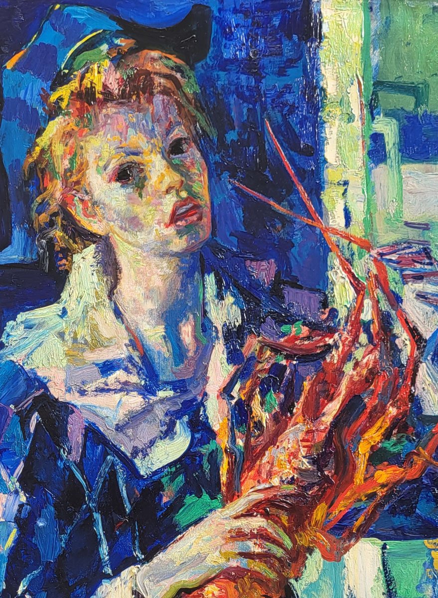 Huiles sur toiles, Arlequin et la jeune fille au gâteau par Luigi CORBELLINI-photo-1