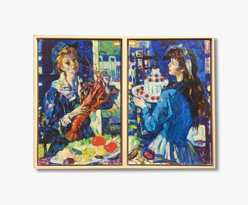 Huiles sur toiles, Arlequin et la jeune fille au gâteau par Luigi CORBELLINI