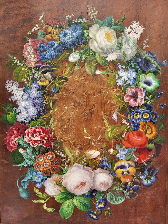 Huile sur bois, Couronne de fleurs par Henri Jehin-photo-2