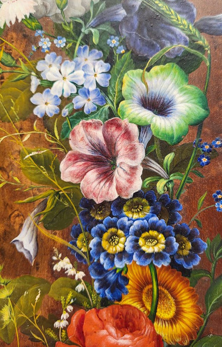Huile sur bois, Couronne de fleurs par Henri Jehin-photo-4