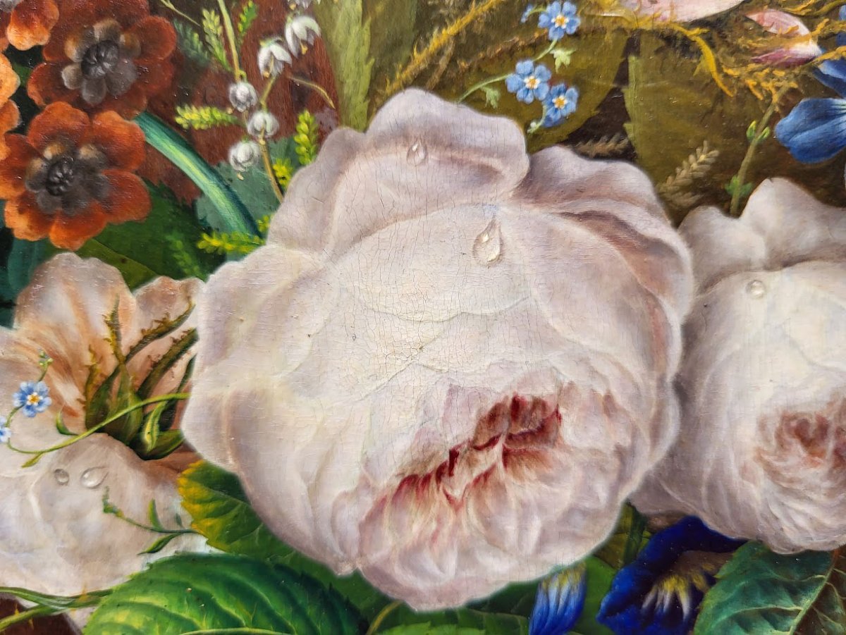 Huile sur bois, Couronne de fleurs par Henri Jehin-photo-2