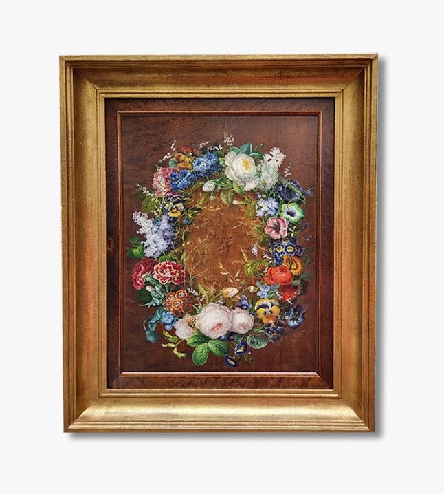 Huile sur bois, Couronne de fleurs par Henri Jehin