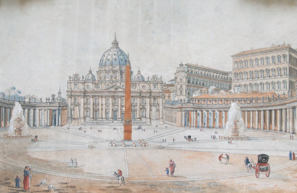 A Watercolor, St. Peter's Basilica In Rome, Late 18th–early 19th Century-photo-2
