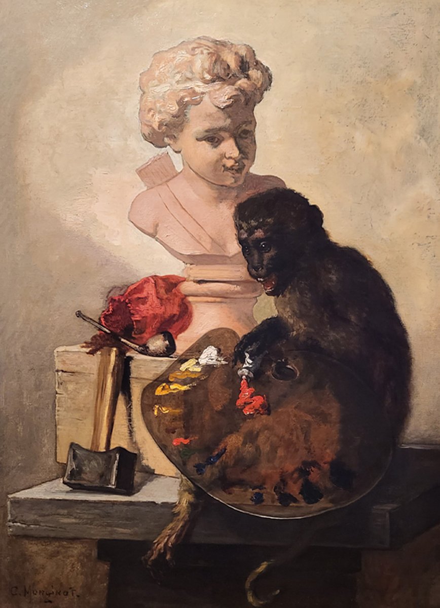 Oil On Canvas, *monkey With A Palette* By Charles Monginot-photo-2