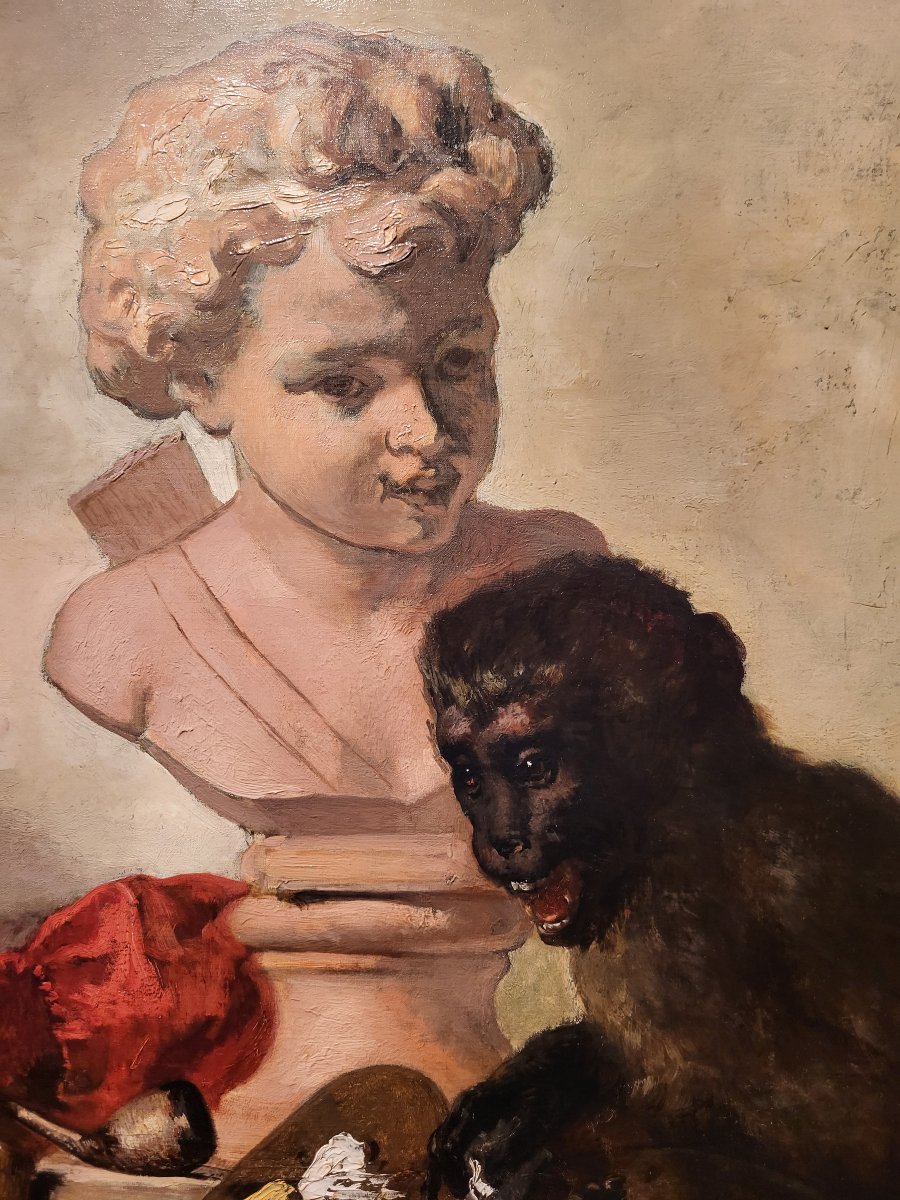 Oil On Canvas, *monkey With A Palette* By Charles Monginot-photo-3