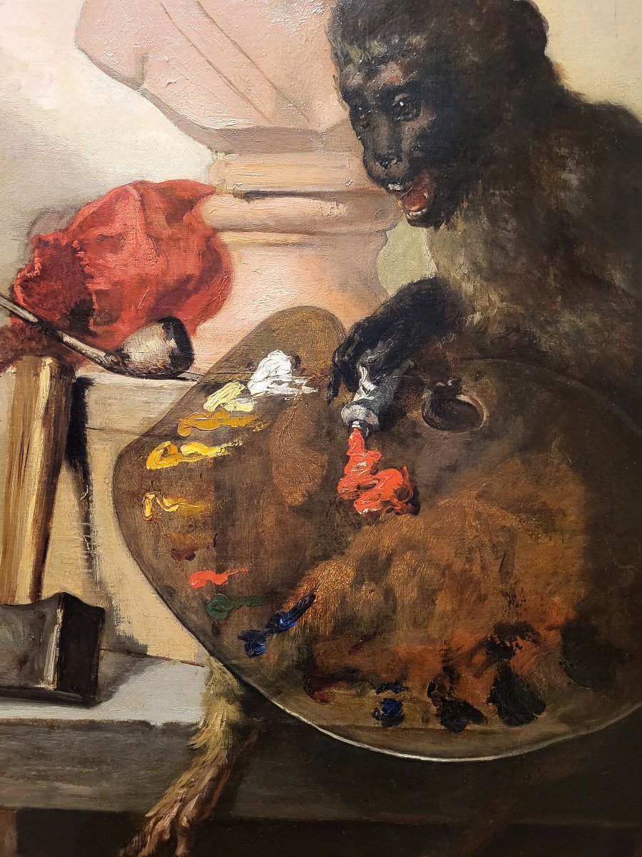 Oil On Canvas, *monkey With A Palette* By Charles Monginot-photo-4
