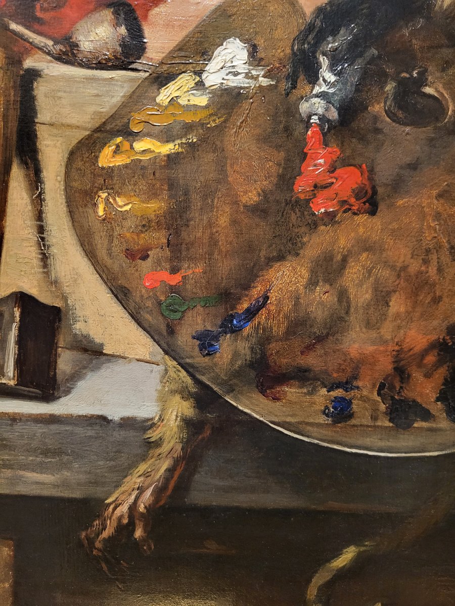 Oil On Canvas, *monkey With A Palette* By Charles Monginot-photo-1