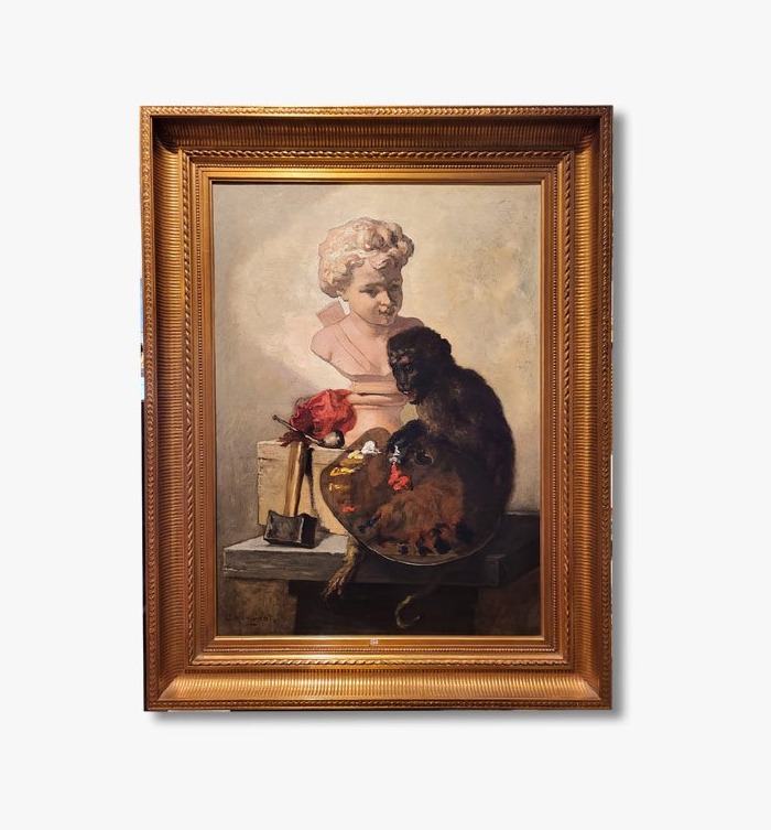 Oil On Canvas, *monkey With A Palette* By Charles Monginot