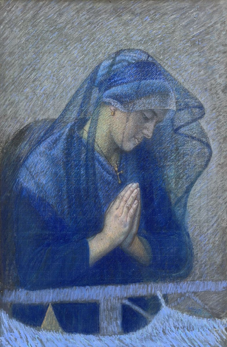 Pastel, "mother Praying At The Cradle" By Joseph Bernard Artigue-photo-2