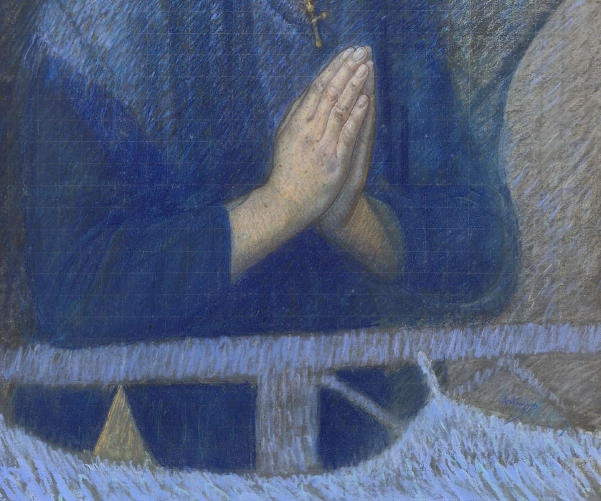 Pastel, "mother Praying At The Cradle" By Joseph Bernard Artigue-photo-4
