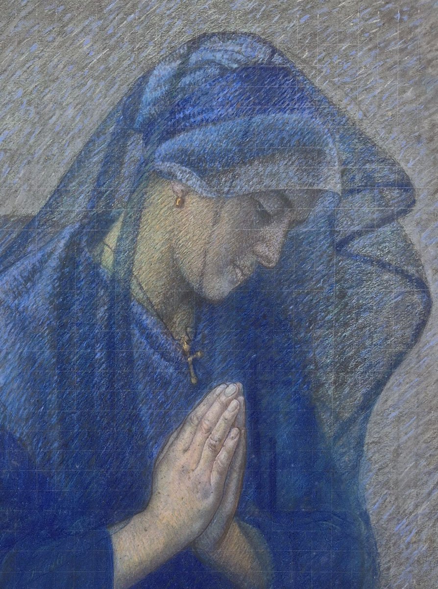 Pastel, "mother Praying At The Cradle" By Joseph Bernard Artigue-photo-1