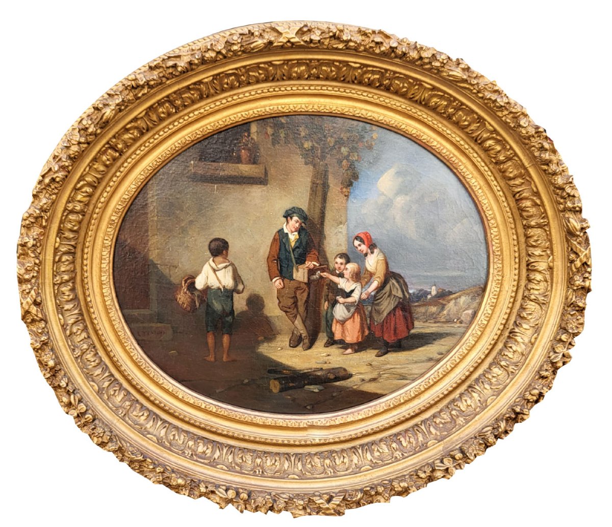 Oil On Canvas, *children With A Guinea Pig* By Louis Tesson -photo-4